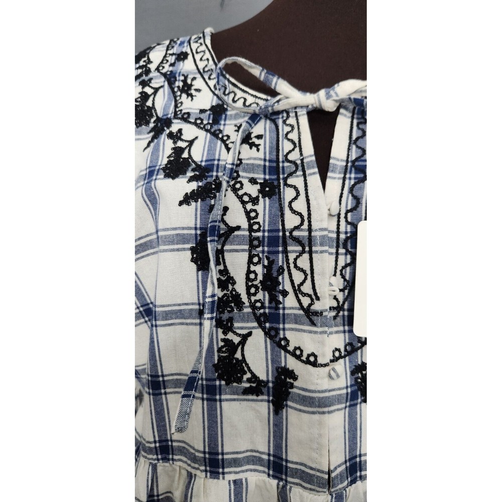 NEW Umgee Plaid Embroidered Short Sleeve Ivory Navy Babydoll Dress Women Boho L‎ - Picture 2 of 12